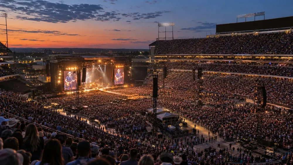 Artistas de música country atuam num grande palco de estádio perante uma plateia cheia, sob iluminação neutra de fim de tarde