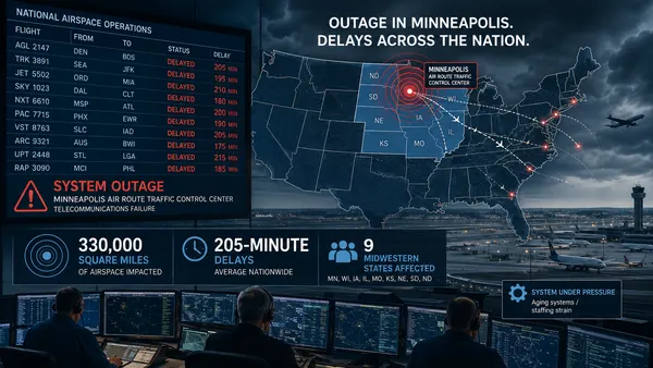 FAA Outage Spanning 330,000 Square Miles Triggers 205-Minute Delays, Ripples to East Coast a Day Later