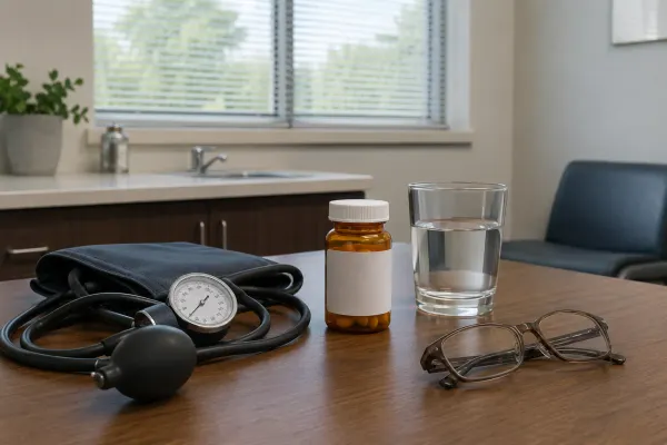 An unbranded medication bottle, blood pressure cuff, water glass and reading glasses in a primary care consultation room