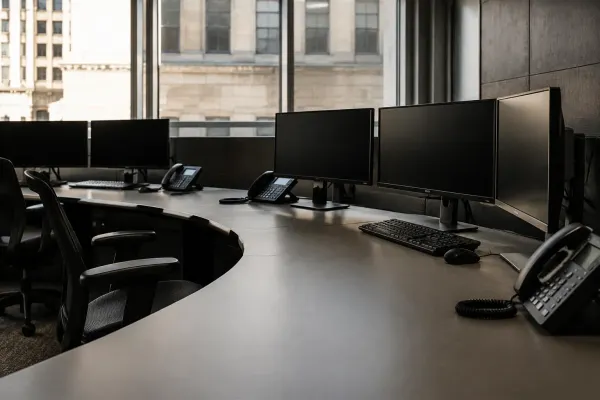 Sala de operaciones financieras institucional vacía, con monitores apagados, iluminada por la luz natural de la mañana.