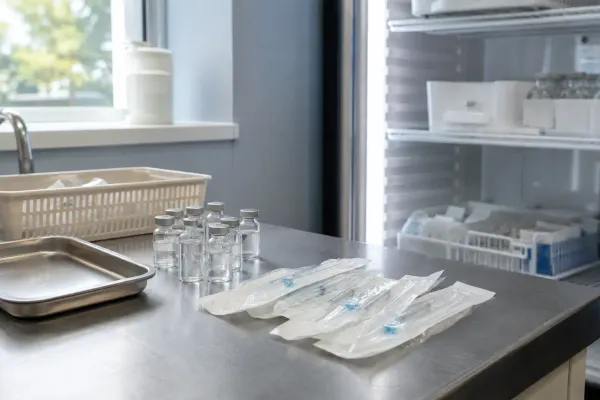 Generic vaccine vials and packaged safety syringes on a clinic counter beside an open medical refrigerator