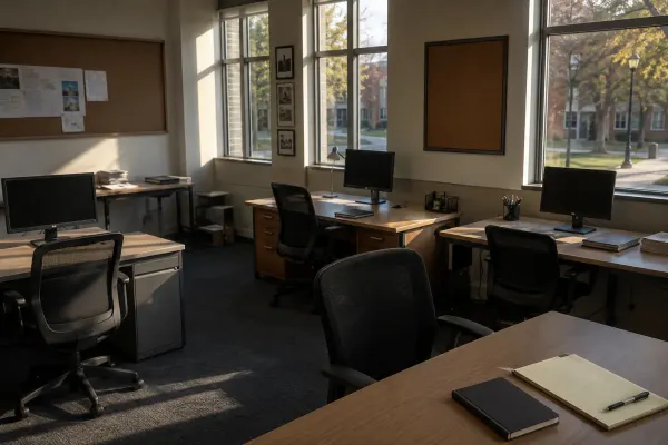 Empty university student newsroom with desks and dark computer monitors in natural afternoon light.