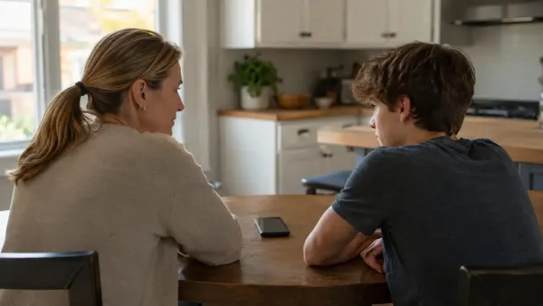 A parent and teenage child discuss smartphone use at a kitchen table in natural afternoon light.