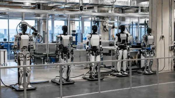 Prototipos de robots humanoides sin marca en un laboratorio de robótica moderno y neutral