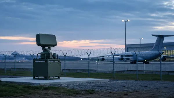 Un radar antidrones sin marca que vigila un aeródromo de carga genérico al amanecer