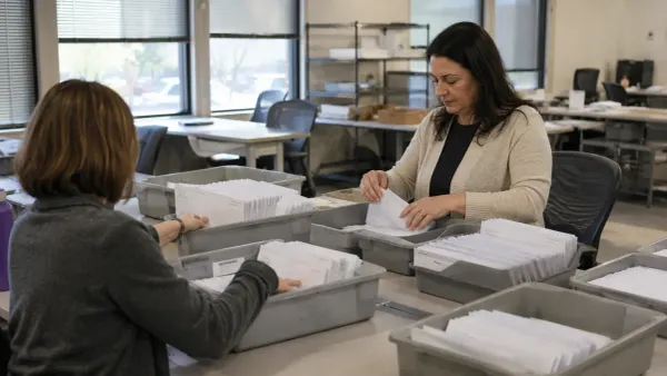 Election workers sort sealed mail-ballot envelopes at a county elections office.