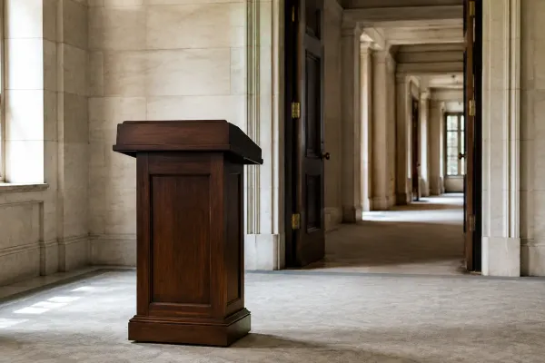 Empty wooden lectern in a naturally lit, unbranded government corridor, symbolizing presidential transition