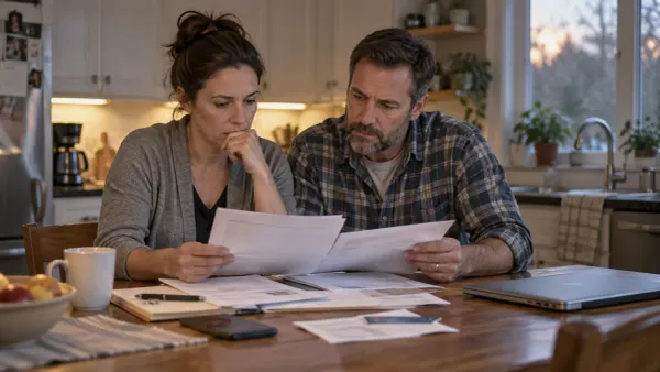 Two adults review health-insurance paperwork at their kitchen table