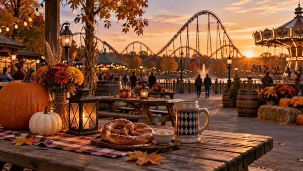 Autumn amusement park festival with a roller coaster, warm lights and harvest decorations at dusk