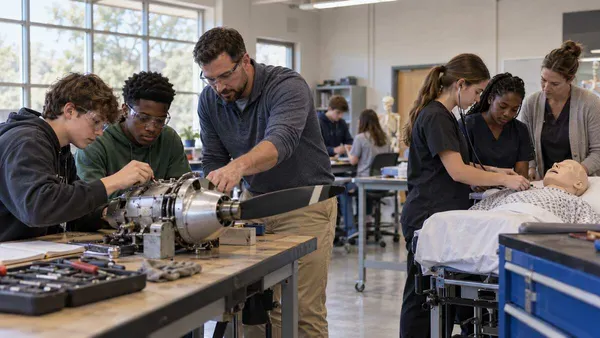 Illustration of students receiving aviation and health-sciences instruction in a generic career-focused classroom.