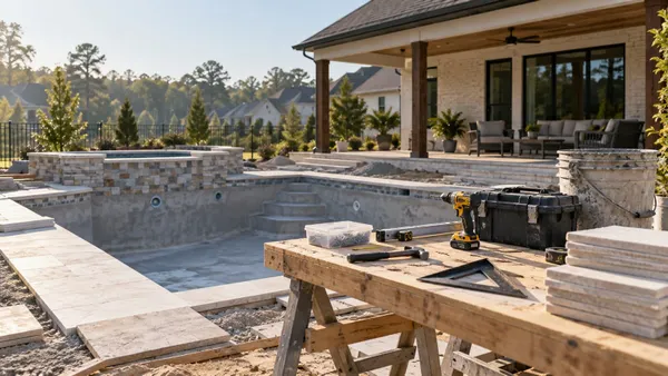 Unfinished residential swimming pool beside an organized construction workbench at an Alabama-style suburban home
