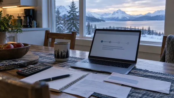 Laptop with an abstract application-status screen beside household financial papers overlooking a snowy Alaska landscape