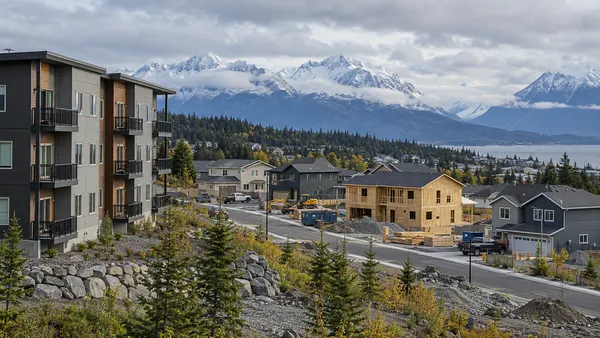 Alaska apartment buildings and new homes beneath distant mountains