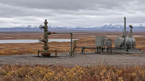 Illustration of generic oil-well infrastructure on remote North Slope tundra under an overcast sky.