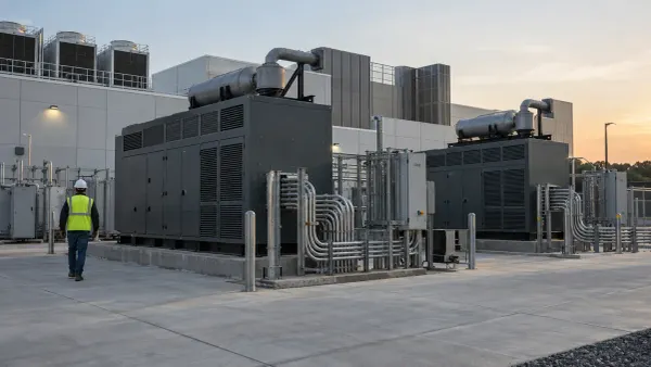 Industrial backup generators and electrical infrastructure outside a modern data center at sunrise