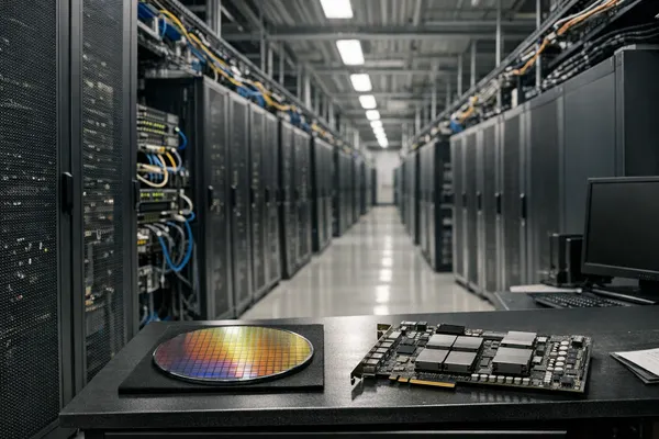 Pasillo fotorrealista de un centro de datos moderno con racks de servidores, conexiones de fibra óptica y una oblea…