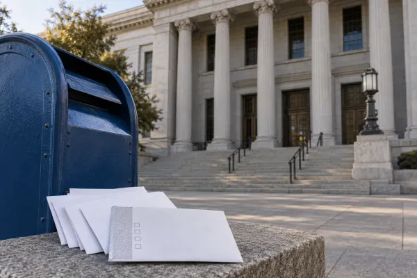 A generic federal courthouse beside a blue postal collection box and blank ballot-style envelopes.