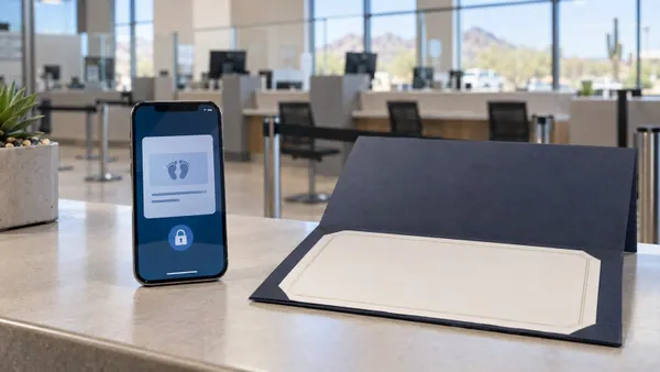 Smartphone showing an abstract secure birth credential beside a blank certificate folder at an Arizona motor-vehicle service counter
