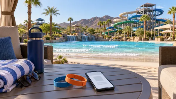 Admission wristbands and a phone rest on a cabana table overlooking a generic desert water park.