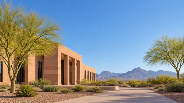 Illustrative Arizona public university building beneath a clear desert sky.