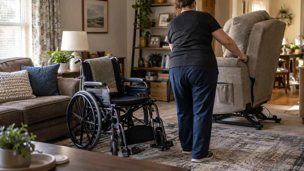 Caregiver in a home living room beside an empty wheelchair and accessible recliner.