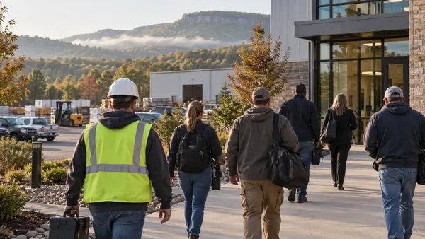 Workers arrive at an Arkansas commercial and light-industrial workplace on an early autumn morning.