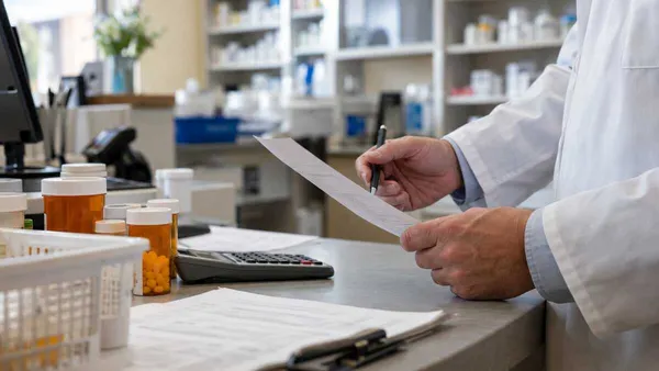 A pharmacist reviewing a reimbursement statement beside generic medicine bottles on a pharmacy counter
