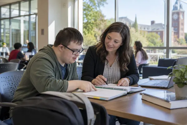 A college accessibility adviser and an adult student reviewing course materials together in a university study space.
