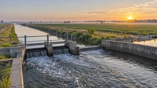 Irrigation channel and water-control structure across Arkansas farmland at sunrise