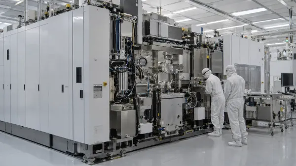 Dos técnicos de una sala limpia de semiconductores inspeccionan un gran sistema avanzado de litografía sin marca visible.