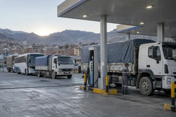 Cargo trucks and a bus wait at an unbranded fuel station in La Paz at dawn.