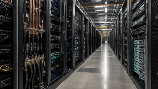 Pasillo de un centro de datos de IA sin marca, con bastidores de servidores, cableado de red y tuberías de enfriamiento por líquido