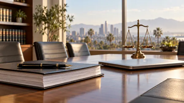 A legal brief and pen on a modern California law-office conference table.
