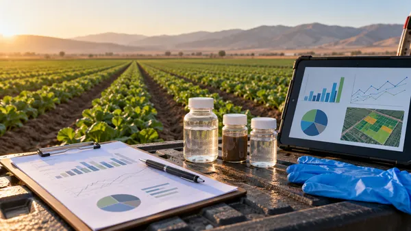 Illustrative California crop rows with unlabeled sampling supplies and a tablet displaying abstract data charts.