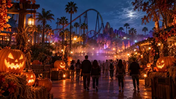 Visitors walk through a pumpkin-lit California theme park beneath a roller coaster at night.