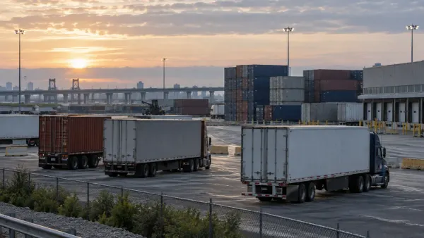 Unbranded freight trucks and cargo containers in a North American distribution yard at dawn.