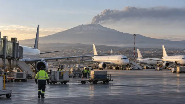Parked passenger aircraft at Catania Airport as a Mount Etna ash plume drifts in the distance.