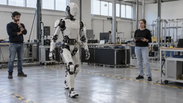Robot humanoide sometido a pruebas de movilidad mientras ingenieros civiles observan en un laboratorio de robótica