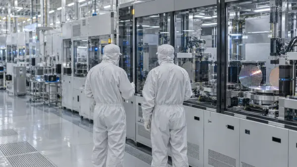 Iniinspeksyon ng dalawang technician ang kagamitan sa pagproseso ng wafer sa isang hindi kilalang semiconductor cleanroom.