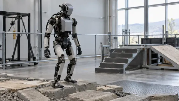Un prototipo de robot humanoide desarmado que se desplaza por terreno irregular en un laboratorio de pruebas industrial