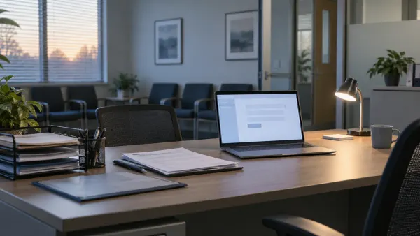 An empty health insurance enrollment assistance desk with a laptop and paper forms in a quiet office