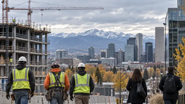Workers stand near a Colorado construction and office district with the Rocky Mountains beyond.