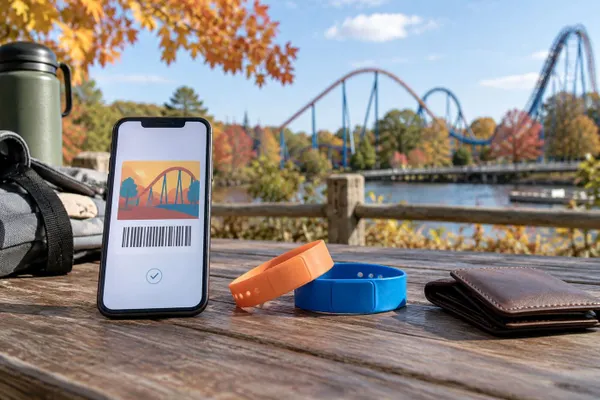 A generic digital amusement-park pass and two unbranded wristbands beside a wallet, with roller coaster tracks and autumn foliage in the background.