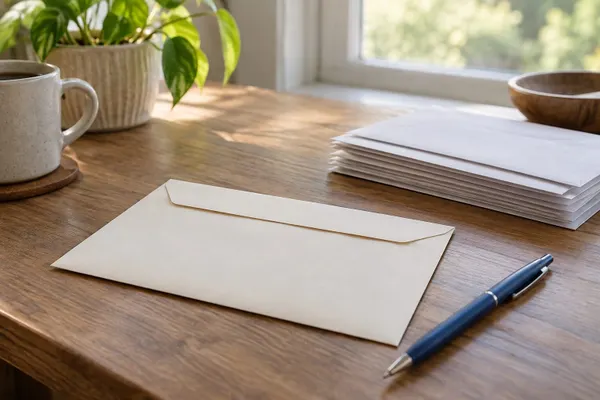 Blank envelopes and a blue pen on a sunlit wooden table, symbolizing Connecticut mail voting.