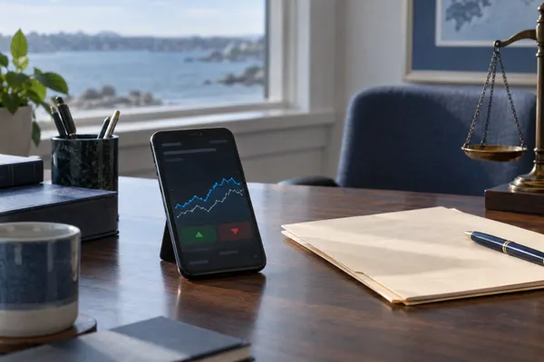 A smartphone displaying an abstract market chart beside case files and scales on an office desk.