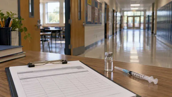 An empty school hallway with a generic immunization form, vaccine vial and syringe on a clipboard