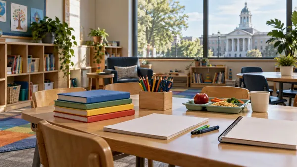 An empty early-learning classroom with a civic courthouse visible through the window.