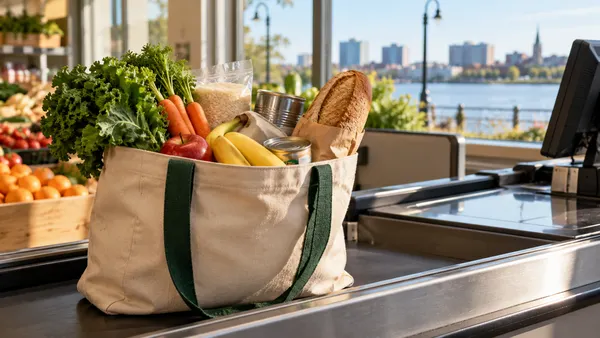 A grocery bag filled with staple foods beside a generic checkout counter.