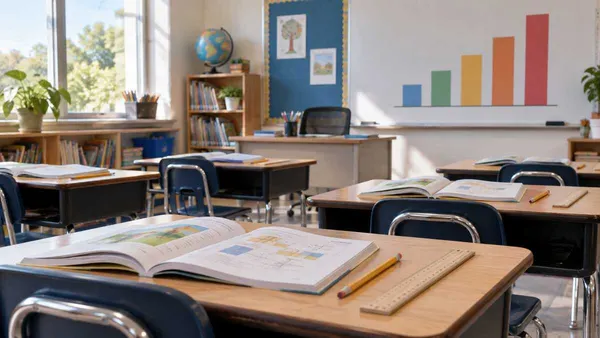 An empty Delaware elementary classroom with workbooks, pencils, a ruler and an abstract progress chart