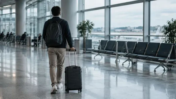 Un viajero de negocios camina por la terminal de un aeropuerto con una maleta de ruedas.